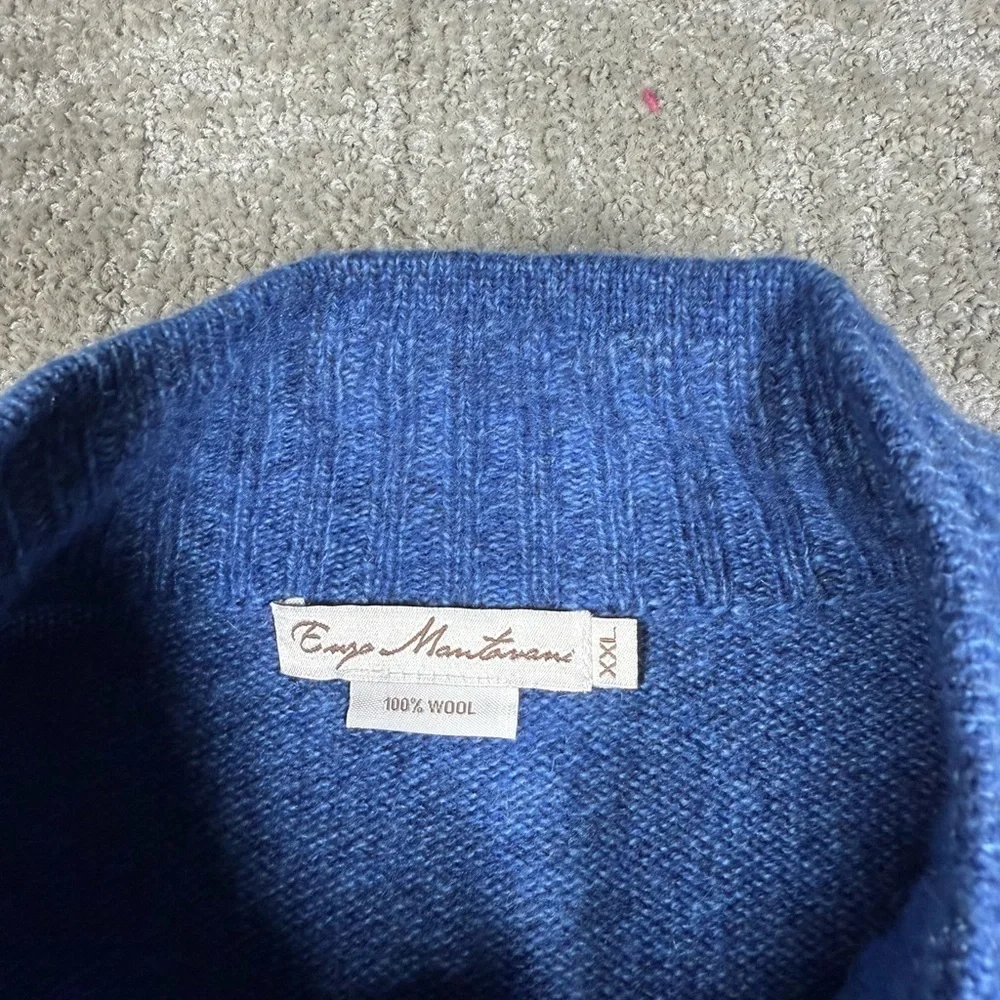 Enzo Mantovani Blue Wool 1/4 Zip Mouline Long Sleeve Knit Sweater Size XXL